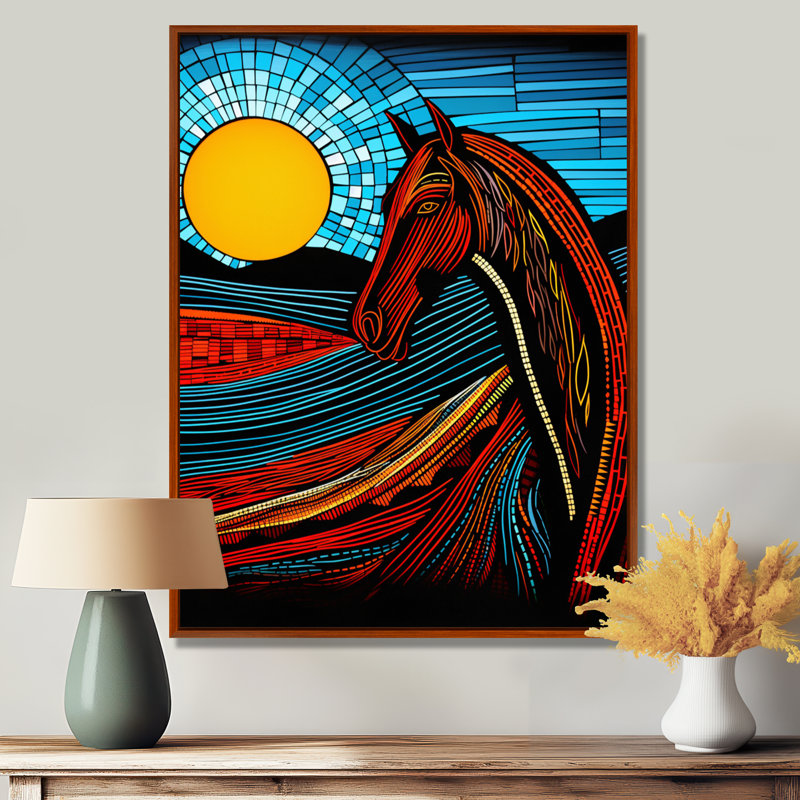 Pleine lune cheval abstrait, art mural cheval, Toile brune avec cadre flottant, H 20 po x l 12 po