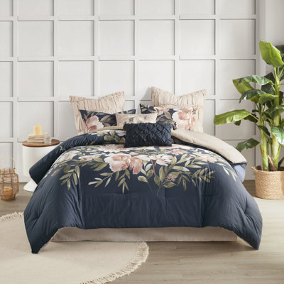 Édredon 8 pièces en coton bleu marine, motif floral, uni, vapeur, bleu marine, détails brodés, lavable à la machine