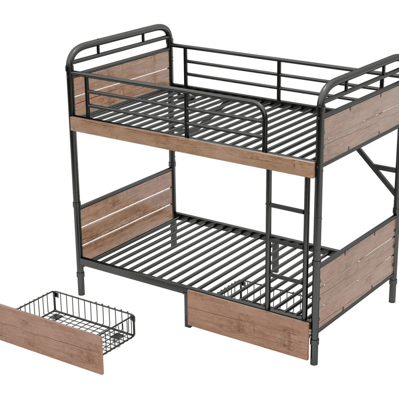 Twin Xl Over Metal Bunk Bed With Led Strip, Charge Station, Two Storage Drawers, Detachable, Rounded Edges, Head And Foot Panels Black Detachable 3 - Step Comfort ,