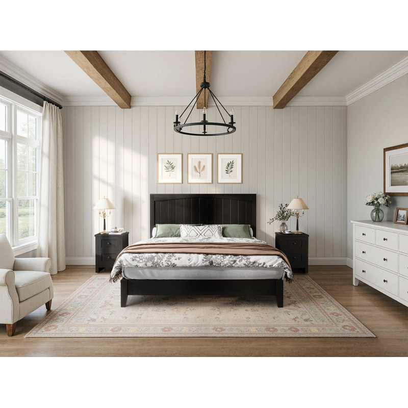  Cadre de lit double en bois massif avec tête de lit Adainville 48,4 po, noir, Double , Noir
