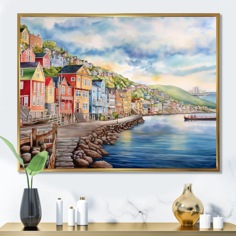 Terre-Neuve côtière rétro I sur toile, H 12 po x l 20 po x P 1 po, Cadre flottant doré