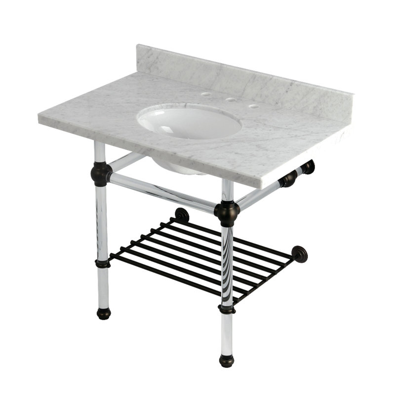 Kingston Brass Templeton 36-Inch Carrara Marble Console Sink with Acrylic Legs and Shelf (8-Inch, 3-Hole), Oil Rubbed Bronze