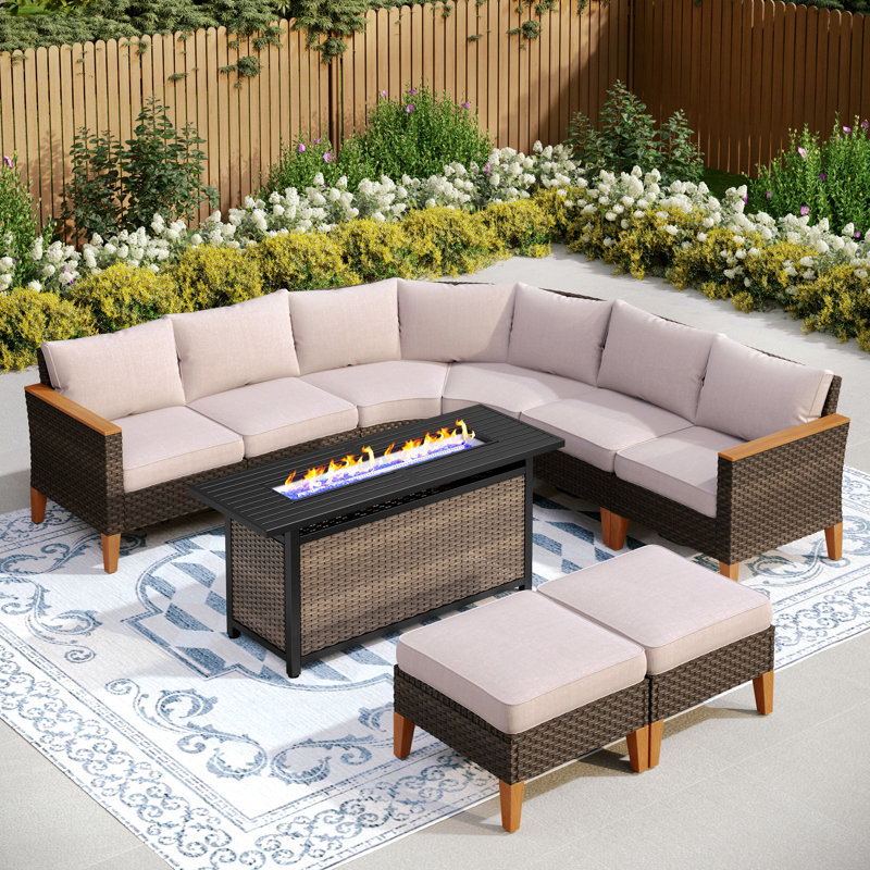 Argyri Wicker Outdoor Patio Conversation Furniture Sectional Set with Fire Pit Table, Beige, Yes