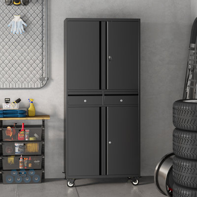 Armoire de rangement robuste en métal, armoire de garage mobile 71 po avec tablettes réglables et portes verrouillables, 2 tiroirs, organisateur de rangement pour outils pour garage, atelier, bureau