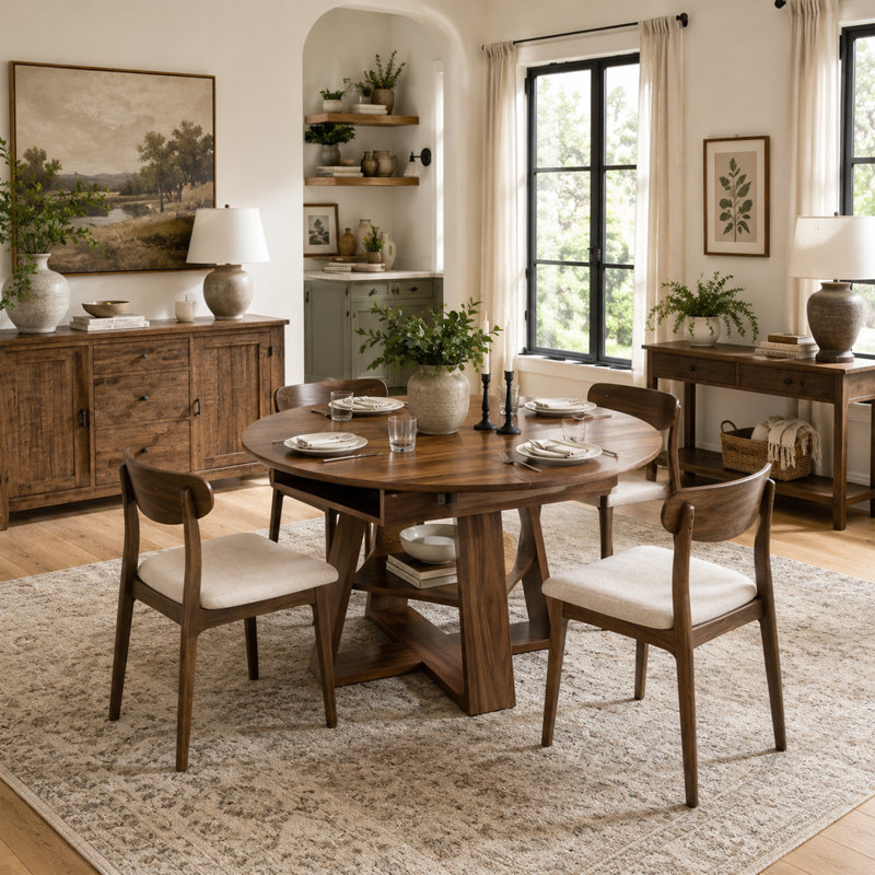 43.3''-59'' Extendable Round Dining Table For 4-8, Mid Century Modern Wooden Round Table With Removable Leaves Space Saving, For Kitchen Living Room