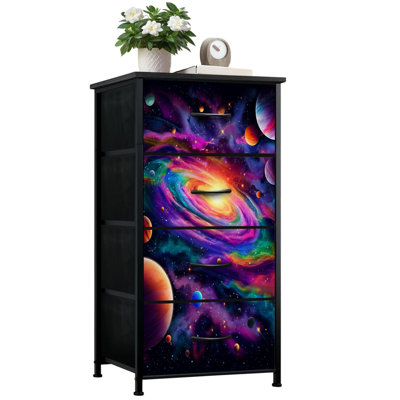 Futuristic Dresser for Bedroom with 4 Storage Drawers Colorful Cosmic Galaxy Planets Vibrant Nebula Swirls Dressers Chest of Drawers Steel Framed Fabric Closet Organizers for Dorm Entryway