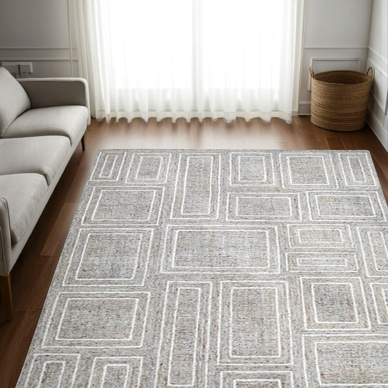 Tapis Bora, motif géométrique, laine, polyester, gris, blanc, Rectangle de 10 pi x 14 pi