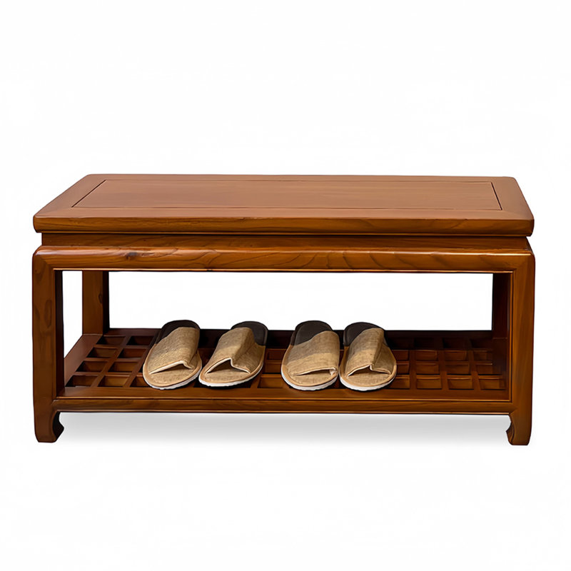 Nouveau banc de rangement en bois d'orme de style chinois pour le salon et l'entrée, Brun