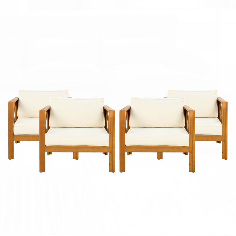 Ensemble de 4 fauteuils club d'extérieur en bois d'acacia durable avec coussin imperméable et finition élégante en teck pour une assise confortable