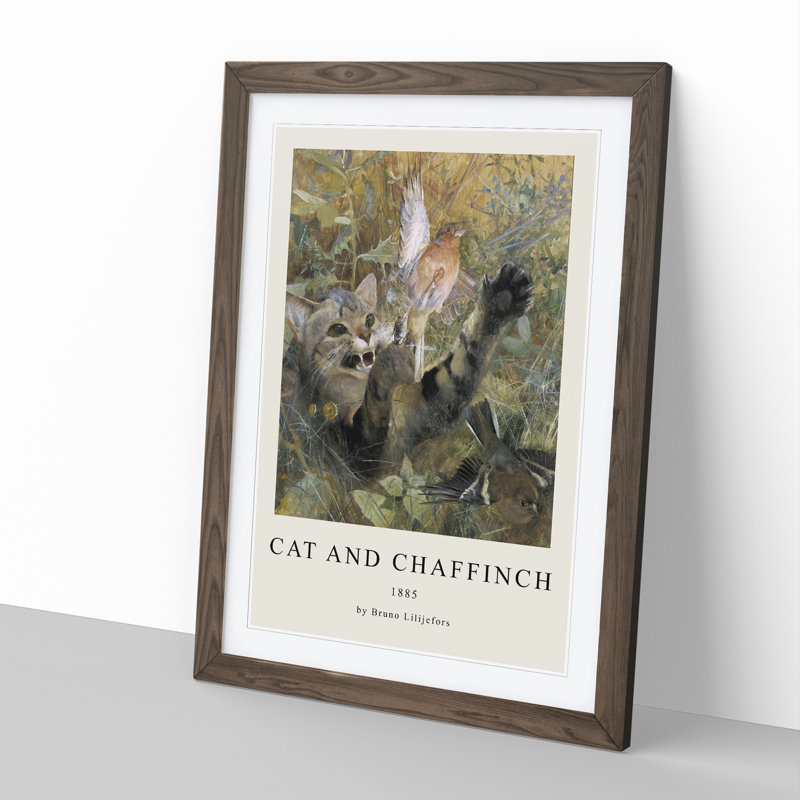 A Cat and a Chaffinch Bird by Bruno Liljefors - Picture Frame Painting, 36cm H x 27cm W x 2cm D, Walnut Framed