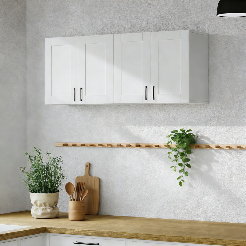 Armoire de rangement murale en bois blanc avec tablette réglable, conception à 4 portes pour la salle de lavage, la cuisine, le garde-manger et l'organisation de la salle de bain