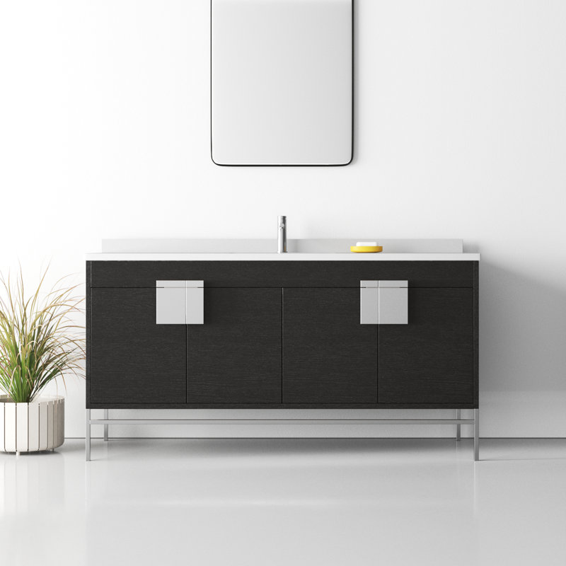 Maisie 60'' Single Bathroom Vanity with Sintered Stone Top, Polish Chrome, Black Oak Straight Grain