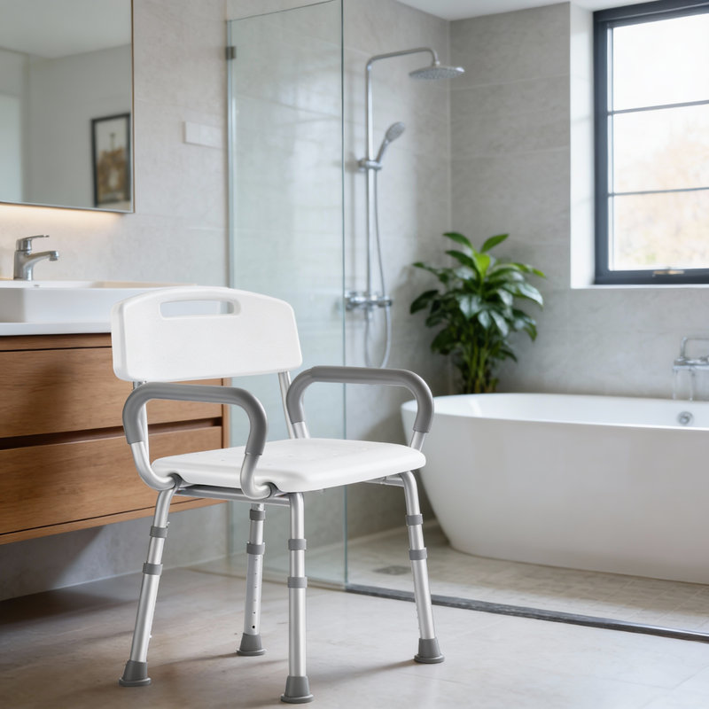 Chaise de douche à hauteur réglable avec accoudoirs et dossier pour la sécurité des personnes âgées et des personnes à mobilité réduite