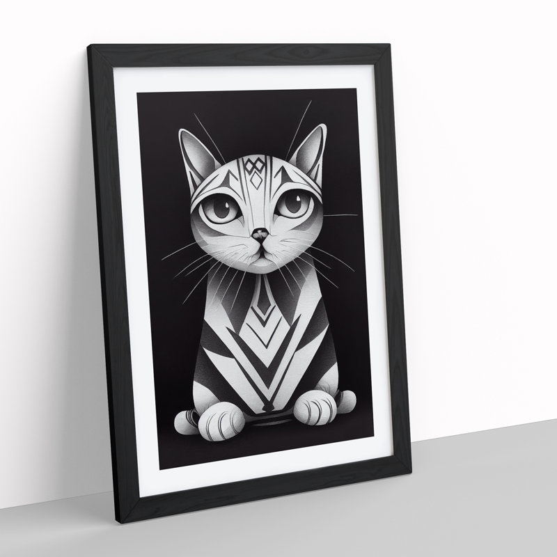 Striped Cat Abstract - Single Picture Frame Print, 46cm H x 34cm W x 2cm D, Black