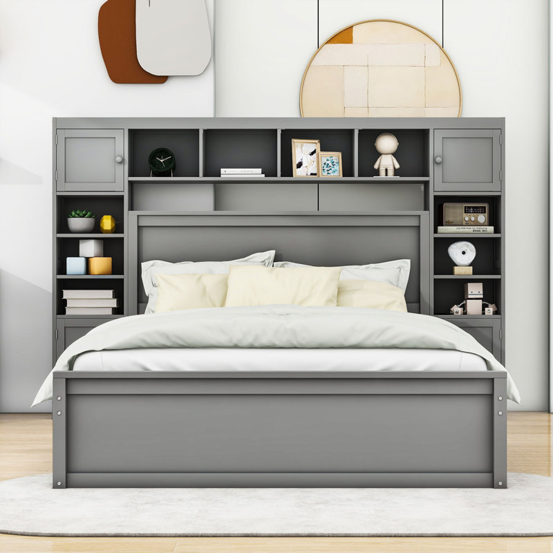 Vytis Queen Size Wooden Platform Bed With 4 Drawers and Headboard, Gray