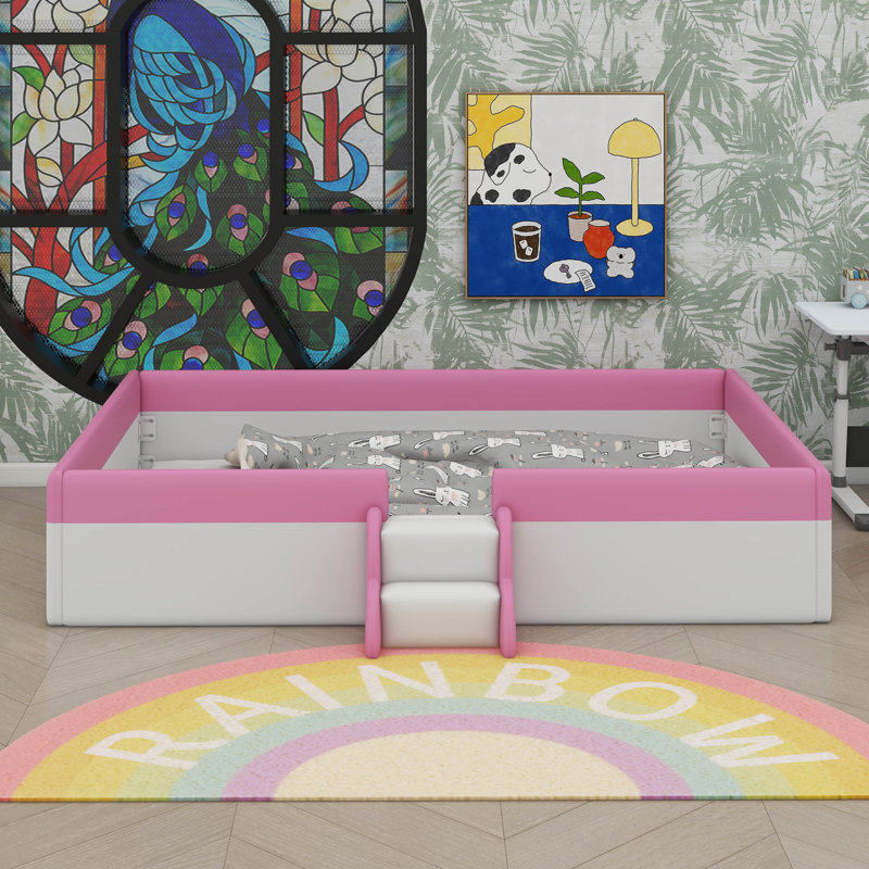 Upholstered Daybed Frame With Fence And Stairs, Full, Pink/White