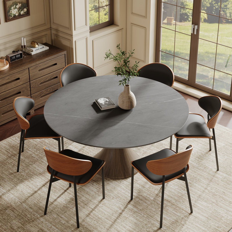 Ensemble de table de salle à manger 6 personnes avec table ronde 53 po / 59 po et 6 chaises de salle à manger rembourrées en cuir