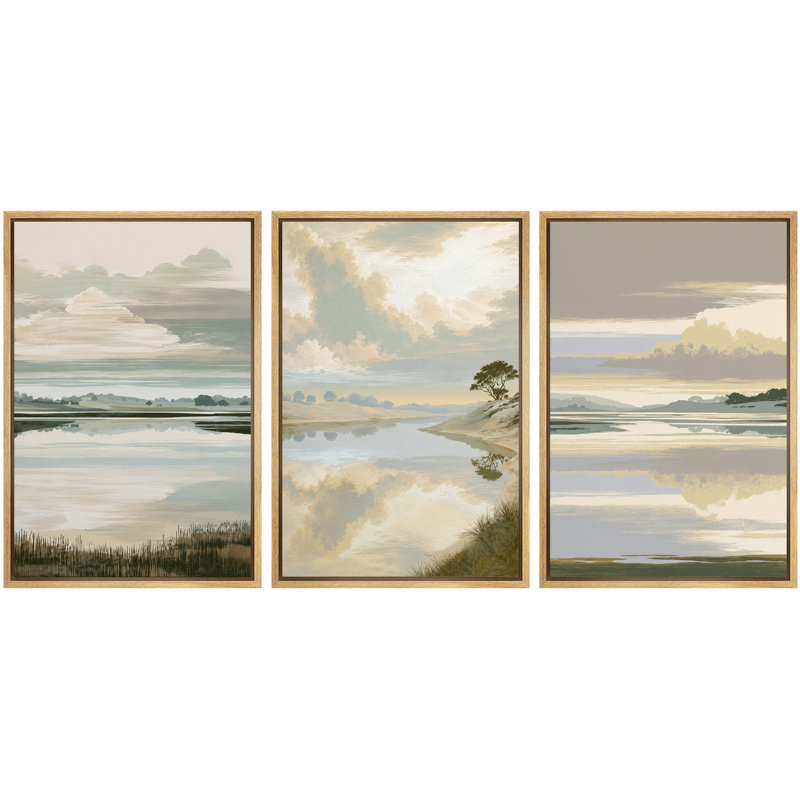 «Misty Lake Landscape with Soft Clouds and Calm Water Reflections», ensemble de 3 reproductions d'art sur toile encadrées