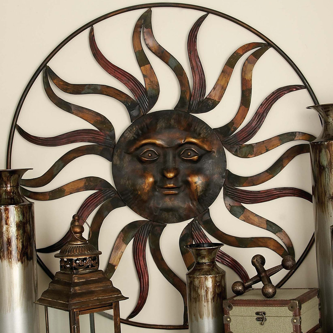 Brown Metal Indoor Outdoor Sun Wall Decor with Colorful Painted Accents Bungalow Rose