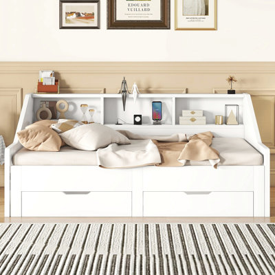 Daybed Frame With Storage Bookcases, 2 Drawers & Charging Design