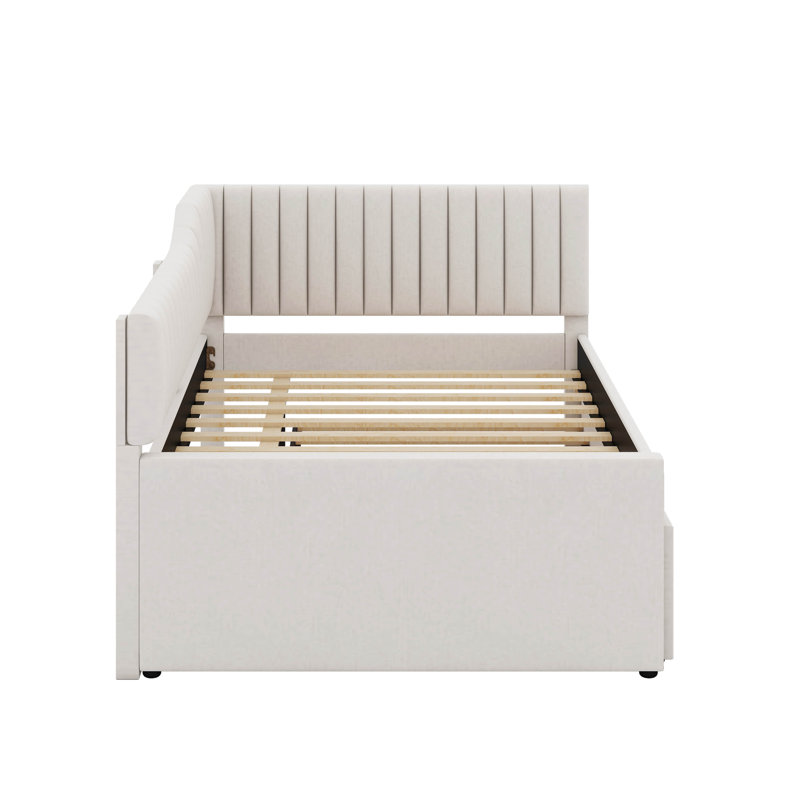 Upholstered Daybed With Trundle And Drawers, Beige, Full