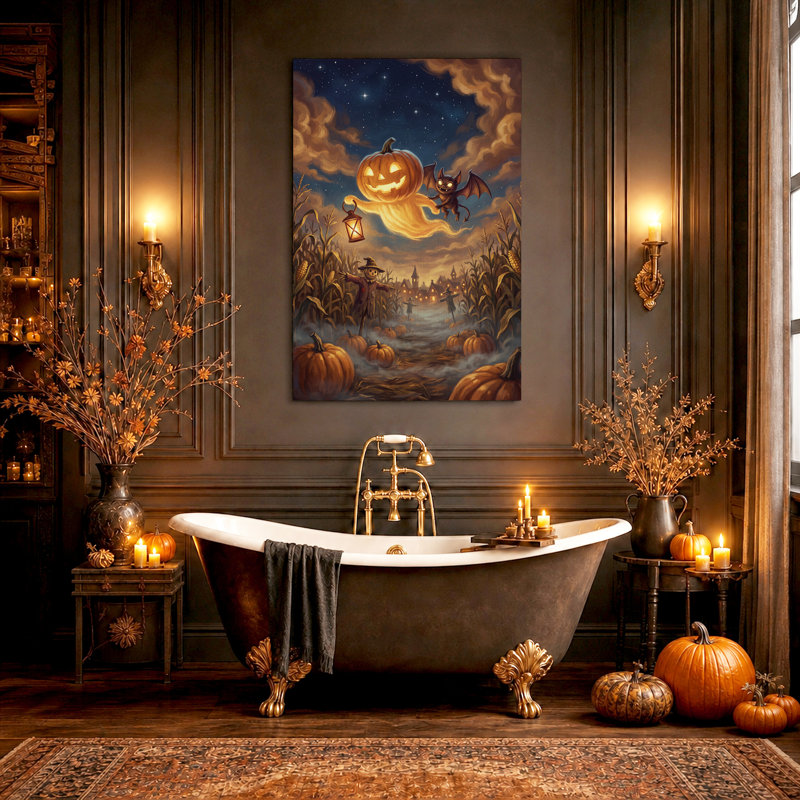 Tableau sur toile d'Halloween représentant une citrouille lumineuse, un fantôme et une chauve-souris au-dessus d'un champ de maïs