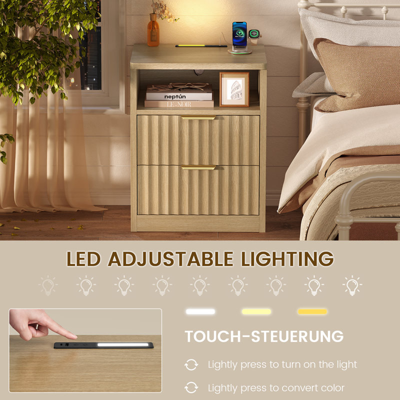 Nightstand, With Charging Station And Led Light, 2 Storage Drawer And Open Shelf, Modern Bedside Table For Small Space, For Bedroom, Living Room, Natural