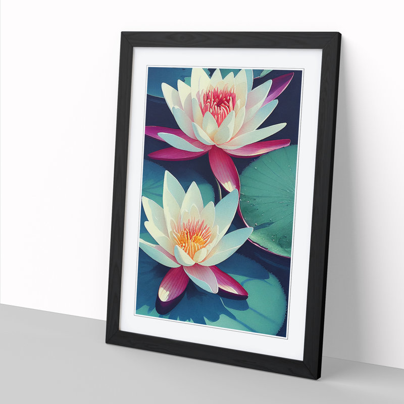 Watercolour Water Lily Flowers Vol.2 - Picture Frame Print, 34cm H x 25cm W x 2cm D, Oak