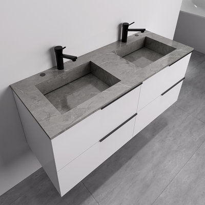 Louverture 60 po L x 22 po P 4 tiroirs Meuble-lavabo avec évier double et Comptoir en Porcelaine