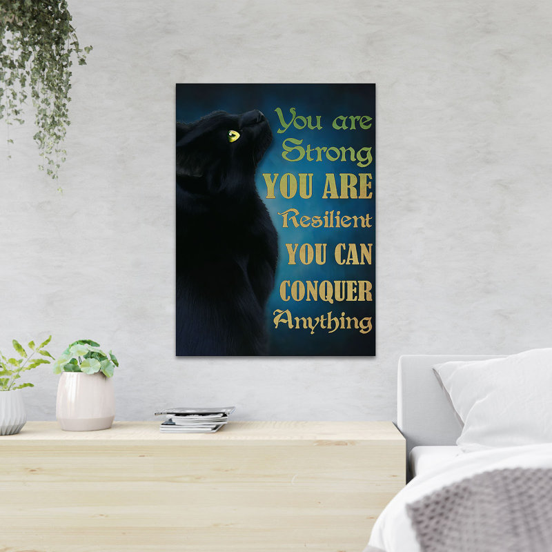 Chat noir sur fond bleu - «You are solid», reproduction d'art graphique sur toile tendue, H 36 po x l 24 po x P 2 po