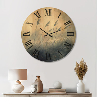 Horloge murale ronde grand format, style côtier, imprimée sur bois, couleur Indigo Dune Grass - Impression sur bois