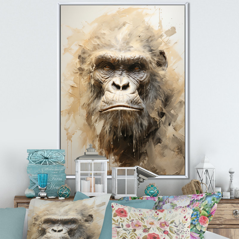 Portrait d'un gorille beige sur toile, Cadre flottant blanc, H 40 po x l 30 po