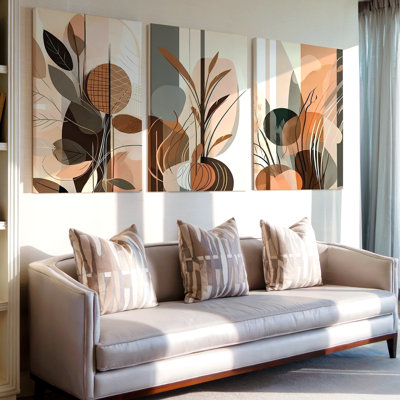 3 pièces d'art mural botanique abstrait dans des tons de terre, trois pièces d'art mural pour le salon, la chambre à coucher, le bureau et la maison, prêt à être accroché