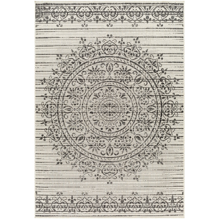 Rectangle Geometric Machine Woven Polypropylene Area Rug in Black/Beige