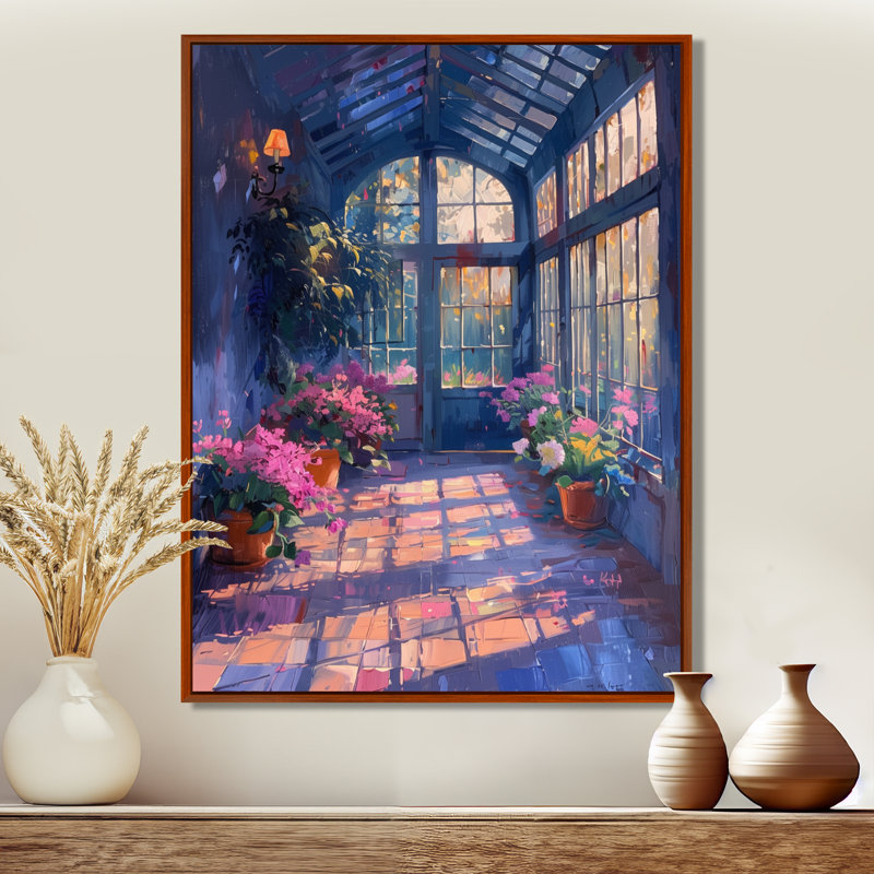 Serre rose ensoleillé Serenity - Art mural, Cadre flottant brun, bois massif, H 30 po x l 40 po