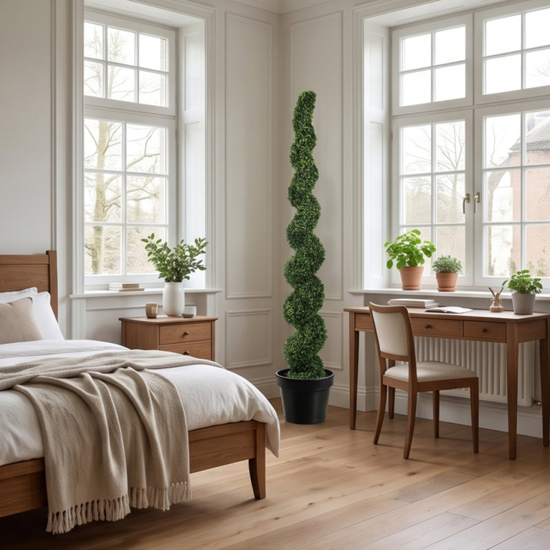 Plantes de buis de 7 pi, topiaires en spirale en pot noir pour décoration de jardin devant la véranda, vert clair
