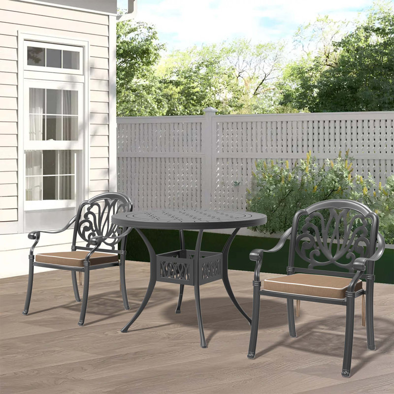3-Piece Set Of Cast Aluminum Patio Furniture With Brown Cushions, 2, 28.35" H x 39.37" W x 39.37" D