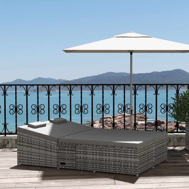 Nesita Double Rattan Sun Lounger Garden Daybed Flip Side Trays Grey
