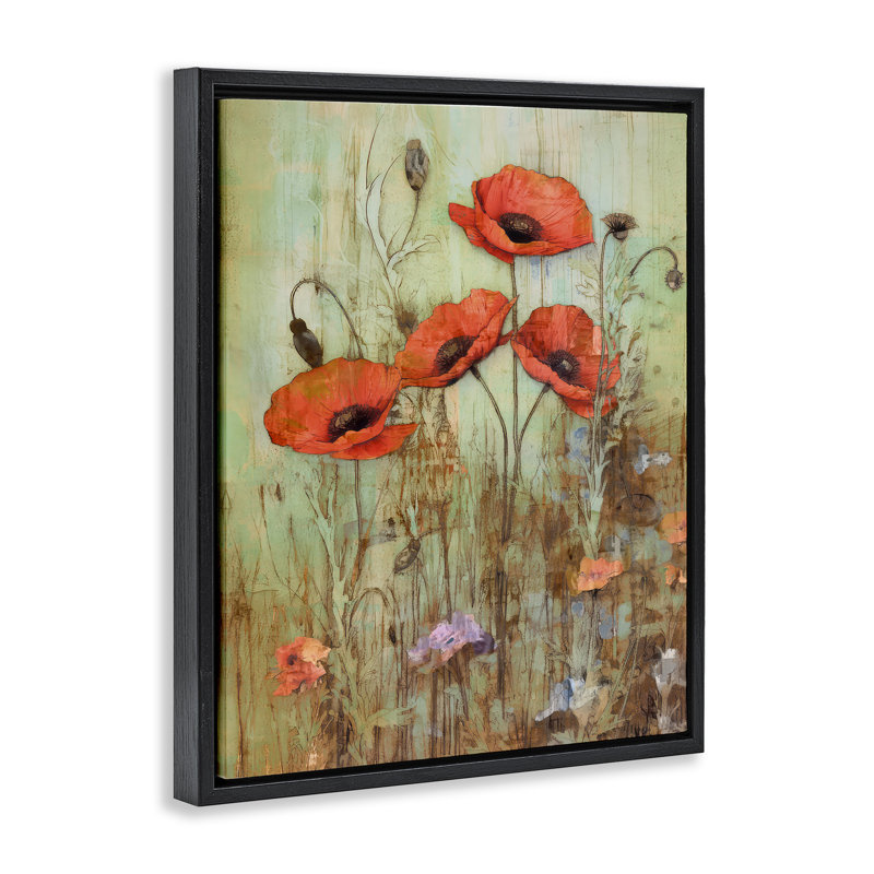 «Rustic Red Poppies» par Enrico Mcgarrigle - reproduction de cadre flottant sur toile, Cadre flottant noir de jais