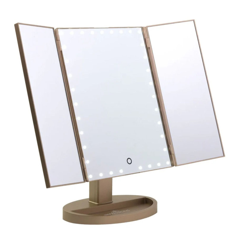 Miroir de maquillage tactile à DEL à intensité variable avec base sur pied et miroir USB, Or champagne