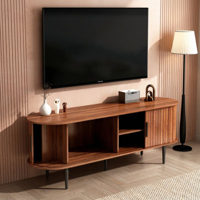 55" Mid-Century Modern TV Stand With Sliding Doors And Storage, Wood Grain Media Console For Living Room