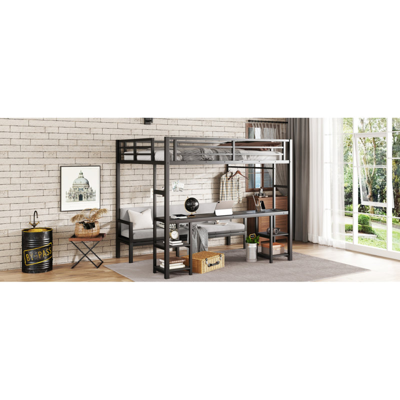 Grand lit superposé simple en mezzanine / lit mezzanine avec bureau et tablettes, multiples utilisations se pliant dans un canapé avec DEL et USB, noir