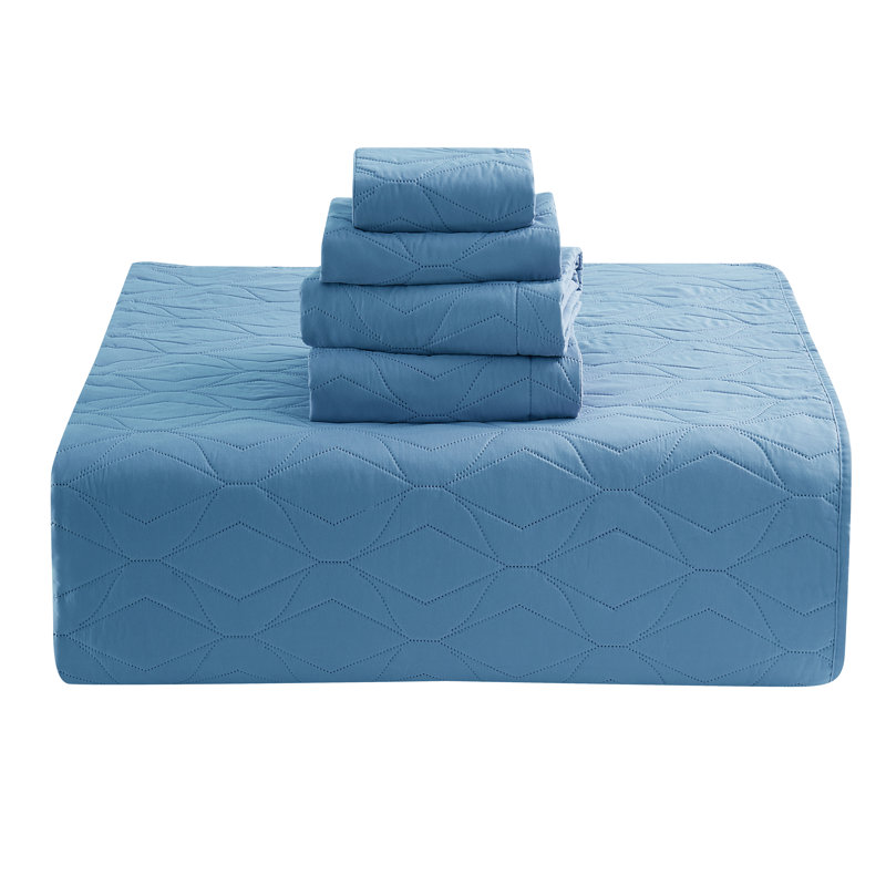 Ellipse Wave Premium Microfiber Reversible Quilt Set, Blue, Twin Quilt + 3 Pillow Shams