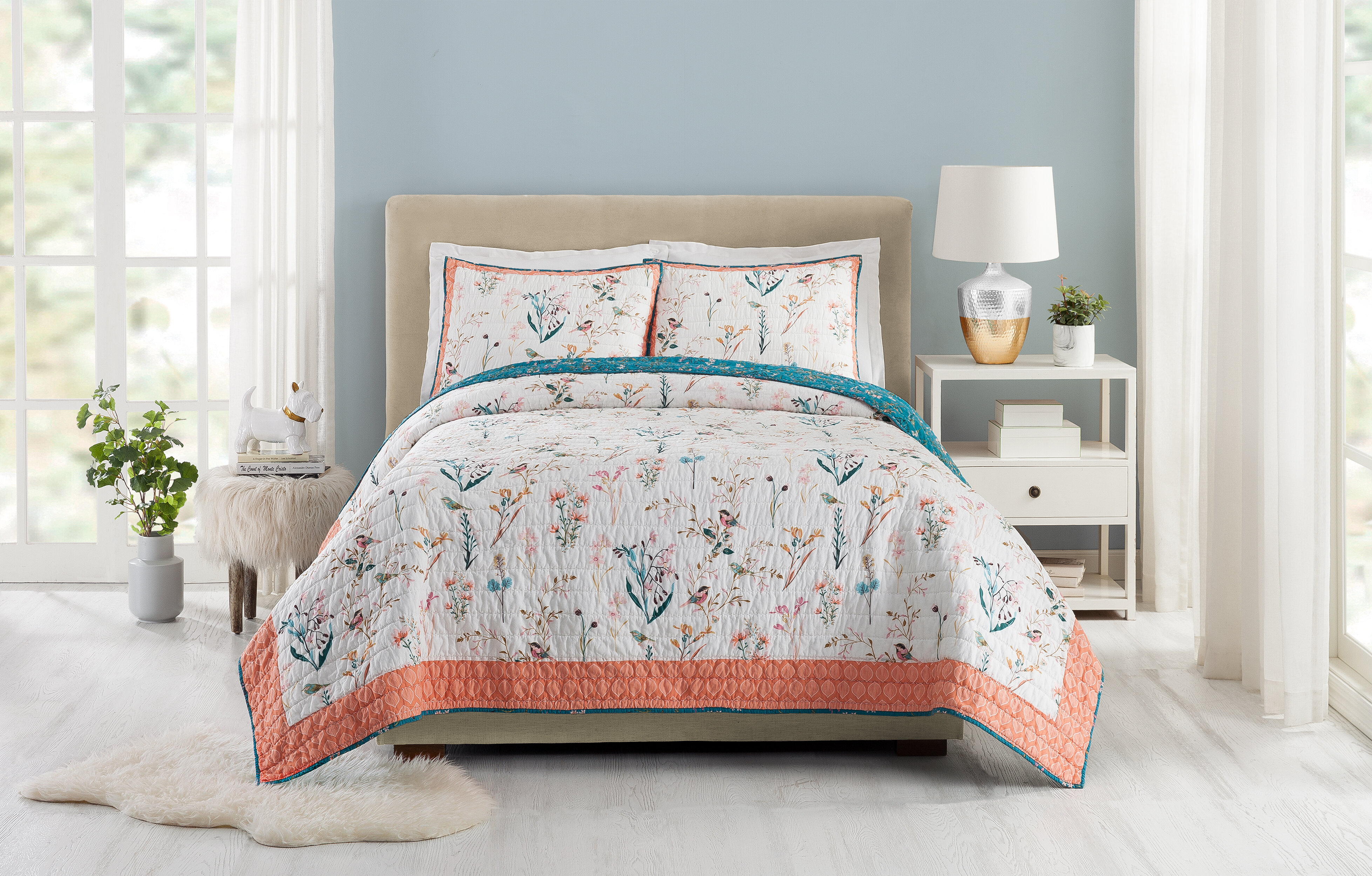 English Garden Reversible 100% Cotton 3 Piece Quilt Set