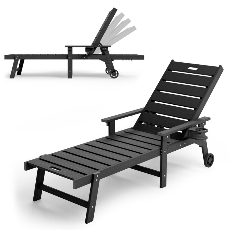 All-Weather HIPS Outdoor Patio Chaise Lounge Chair with 5 Positions, Easy Installation Patio Chaise Lounger with Wide Arms & Rotating Cup Holders & Smooth Bearing Wheels for Pool/Poolside/Beach/Deck/Patio/Backyard, Black