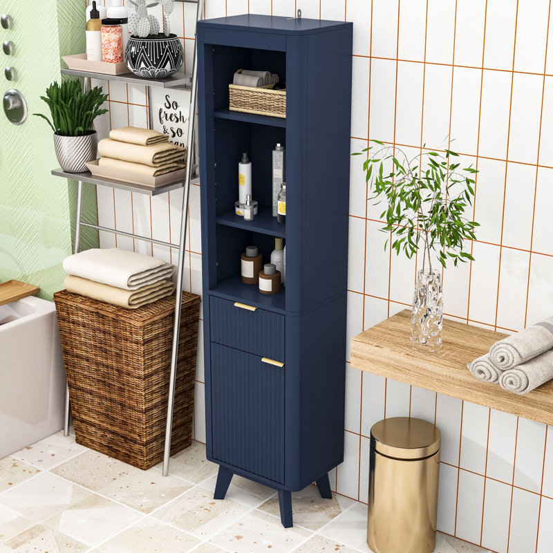 Grande armoire de rangement autoportante pour salle de bain avec tablettes réglables, conception anti-basculement et tiroir cannelé