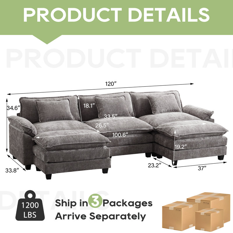 Canapé modulaire en U avec deux repose-pieds de 120 po Praylow, Gris chenille