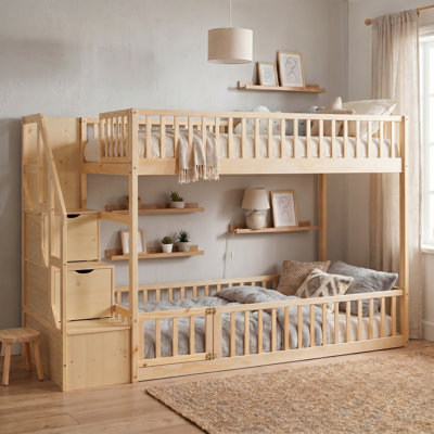 Lit superposé simple au-dessus d'un lit simple avec échelle de rangement, structure en bois massif, barrières de sécurité complètes, aucun sommier nécessaire pour la chambre des enfants
