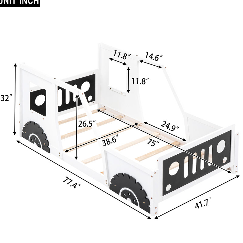 Lit plateforme simple avec roulettes Classic Car Style, blanc et bois de pin, Lit simple, Blanc