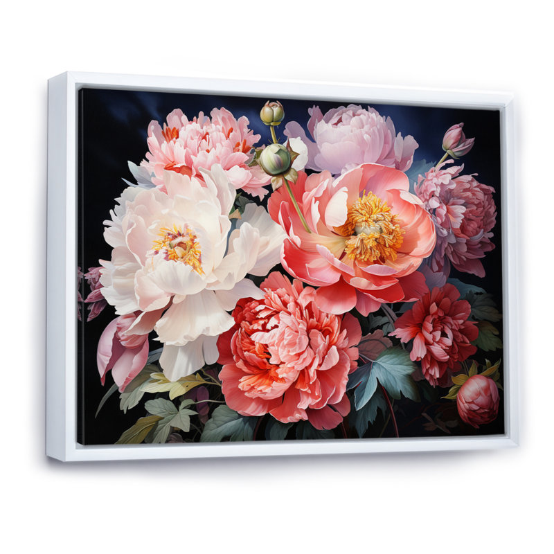 Art de Chine, bouquet de pivoines - Art encadré, Cadre flottant blanc, H 30 po x l 40 po x P 1,5 po